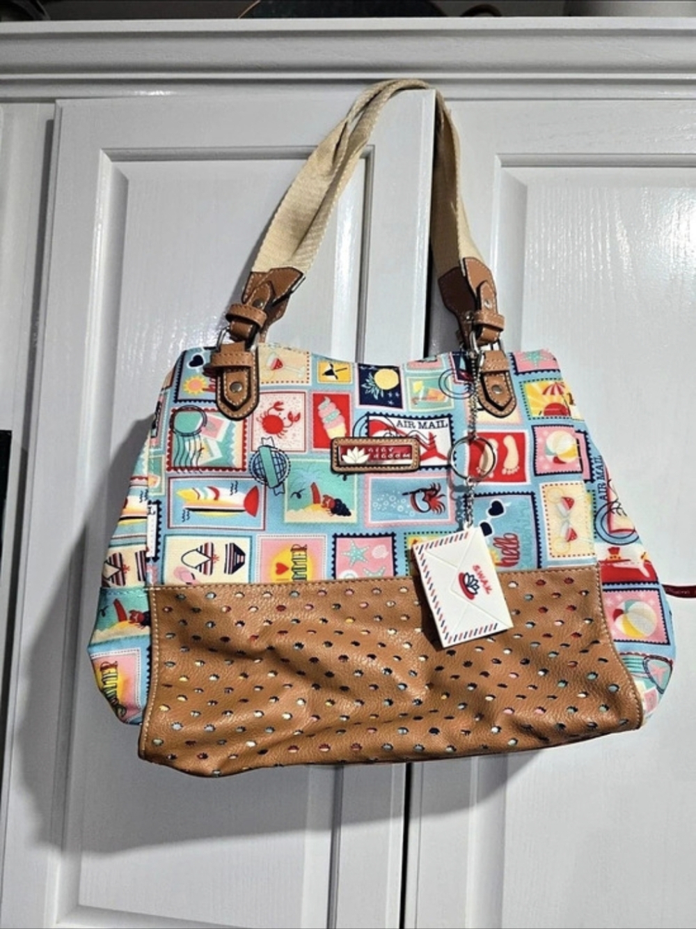 Lily Bloom Air Mail Postage Stamp Print Satchel Tote Blue & Brown